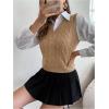 imageMilumia Womens Cable Knit V Neck Sweater Vest Sleeveless Ribbed Crop Tank TopKhaki
