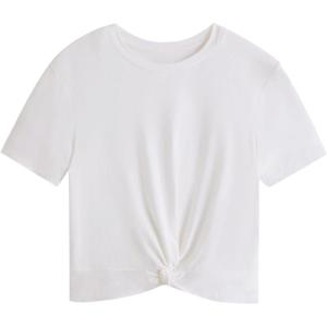 imageMilumia Girls Casual Twist Hem Short Sleeve Round Neck Crop Top Tee ShirtAll White