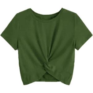 imageMilumia Girls Casual Twist Hem Short Sleeve Round Neck Crop Top Tee ShirtArmy Green