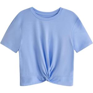 imageMilumia Girls Casual Twist Hem Short Sleeve Round Neck Crop Top Tee ShirtBlue