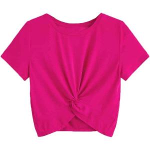 imageMilumia Girls Casual Twist Hem Short Sleeve Round Neck Crop Top Tee ShirtHot Pink