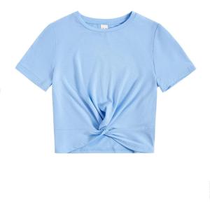 imageMilumia Girls Casual Twist Hem Short Sleeve Round Neck Crop Top Tee ShirtLight Blue