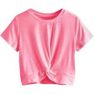 imageMilumia Girls Casual Twist Hem Short Sleeve Round Neck Crop Top Tee ShirtPink Plain