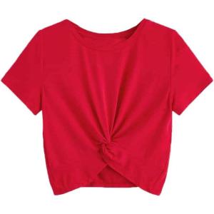 imageMilumia Girls Casual Twist Hem Short Sleeve Round Neck Crop Top Tee ShirtRed