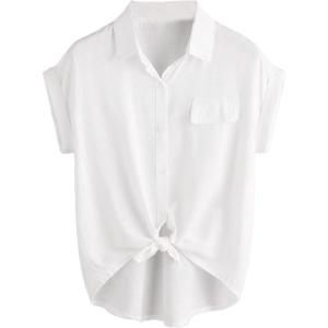 imageMilumia Women Casual Short Sleeve Button Down Collar Shirt Blouse Front Tie Knot TopsA White