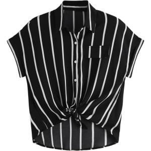 imageMilumia Women Casual Short Sleeve Button Down Collar Shirt Blouse Front Tie Knot TopsBlack and White