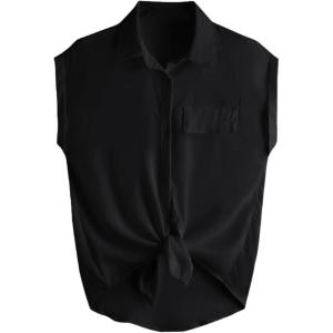imageMilumia Women Casual Short Sleeve Button Down Collar Shirt Blouse Front Tie Knot TopsPure Black