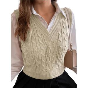 imageMilumia Womens Cable Knit V Neck Sweater Vest Sleeveless Ribbed Crop Tank TopApricot