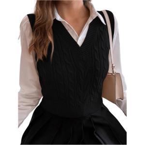 imageMilumia Womens Cable Knit V Neck Sweater Vest Sleeveless Ribbed Crop Tank TopBlack
