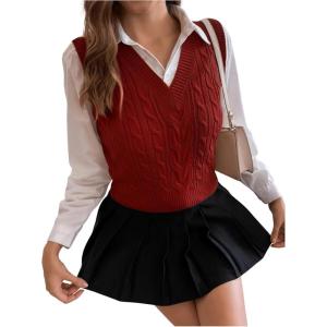 imageMilumia Womens Cable Knit V Neck Sweater Vest Sleeveless Ribbed Crop Tank TopBurgundy