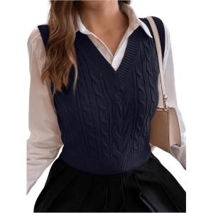 imageMilumia Womens Cable Knit V Neck Sweater Vest Sleeveless Ribbed Crop Tank TopDeep Blue