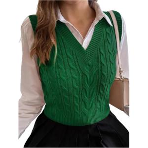 imageMilumia Womens Cable Knit V Neck Sweater Vest Sleeveless Ribbed Crop Tank TopGreen