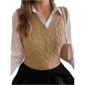 imageMilumia Womens Cable Knit V Neck Sweater Vest Sleeveless Ribbed Crop Tank TopKhaki
