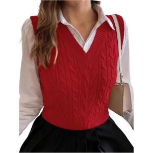 imageMilumia Womens Cable Knit V Neck Sweater Vest Sleeveless Ribbed Crop Tank TopRed