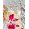 imageMilumia Womens Floral Halter Mini Dress Tie Backless Drawstring Asymmetrical Hem Short DressesYellow