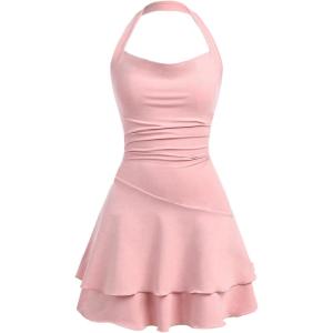 imageMilumia Girls Summer Backless Halter Short Dress Sleeveless Tiered Layered Mini DressesDusty Pink
