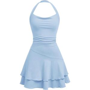 imageMilumia Girls Summer Backless Halter Short Dress Sleeveless Tiered Layered Mini DressesLight Blue