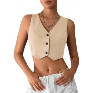 imageMilumia Womens Button Up Suit Vest Shirt Waistcoat Sleeveless Cropped Blazer Vest TopsApricot