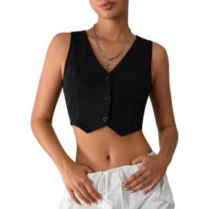 imageMilumia Womens Button Up Suit Vest Shirt Waistcoat Sleeveless Cropped Blazer Vest TopsBlack