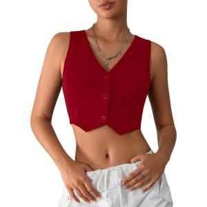 imageMilumia Womens Button Up Suit Vest Shirt Waistcoat Sleeveless Cropped Blazer Vest TopsBurgundy