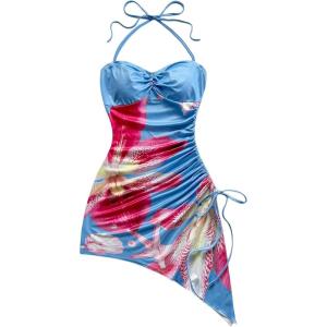 imageMilumia Womens Floral Halter Mini Dress Tie Backless Drawstring Asymmetrical Hem Short DressesBlue