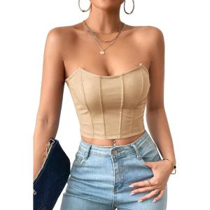 imageMilumia Womens PU Leather Bandeau Tube Top Strapless Bustier Corset Crop TopApricot