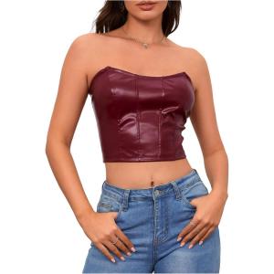 imageMilumia Womens PU Leather Bandeau Tube Top Strapless Bustier Corset Crop TopBurgundy Solid
