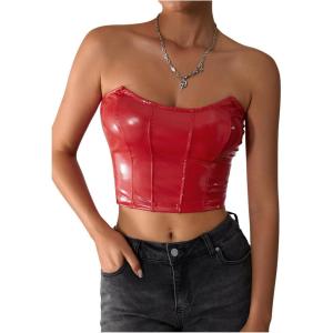 imageMilumia Womens PU Leather Bandeau Tube Top Strapless Bustier Corset Crop TopRed