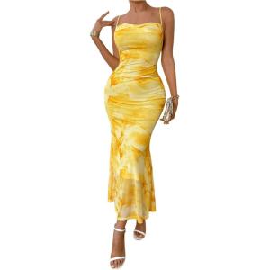 imageMilumia Womens Summer Floral Maxi Cami Dress Spaghetti Strap Mesh Cowl Neck Cocktail Party Bodycon Long DressesYellow
