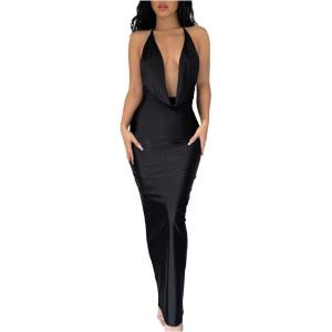 imageMilumia Womens Sexy Tie Backless Draped Deep V Neck Halter Bodycon Maxi Dress Party ClubwearBlack