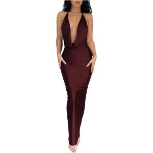 imageMilumia Womens Sexy Tie Backless Draped Deep V Neck Halter Bodycon Maxi Dress Party ClubwearBurgundy