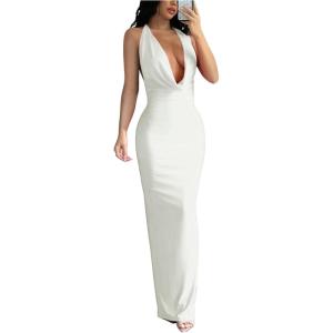 imageMilumia Womens Sexy Tie Backless Draped Deep V Neck Halter Bodycon Maxi Dress Party ClubwearWhite