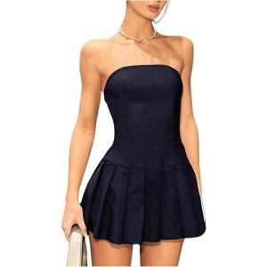 imageMilumia Womens Summer Pleated Tube Mini Dress Sexy Strapless A Line Short DressesDark Blue