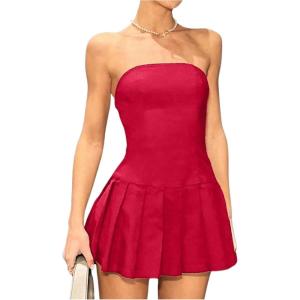 imageMilumia Womens Summer Pleated Tube Mini Dress Sexy Strapless A Line Short DressesRed