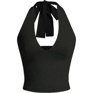 imageMilumia Womens Y2K Tie Back Halter Crop Top Backless Ribbed Cami Tank TopBlack