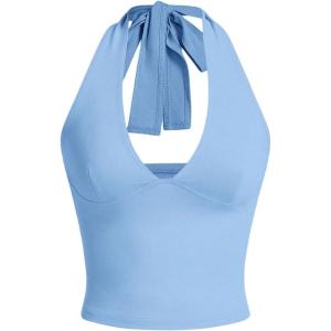imageMilumia Womens Y2K Tie Back Halter Crop Top Backless Ribbed Cami Tank TopBlue