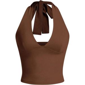 imageMilumia Womens Y2K Tie Back Halter Crop Top Backless Ribbed Cami Tank TopBrown