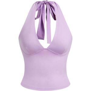 imageMilumia Womens Y2K Tie Back Halter Crop Top Backless Ribbed Cami Tank TopMauve Purple