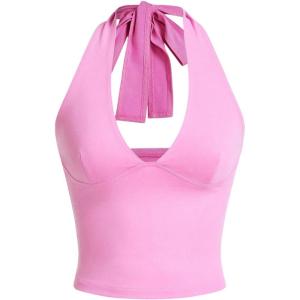 imageMilumia Womens Y2K Tie Back Halter Crop Top Backless Ribbed Cami Tank TopPink