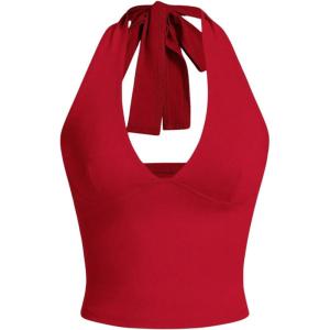 imageMilumia Womens Y2K Tie Back Halter Crop Top Backless Ribbed Cami Tank TopRed