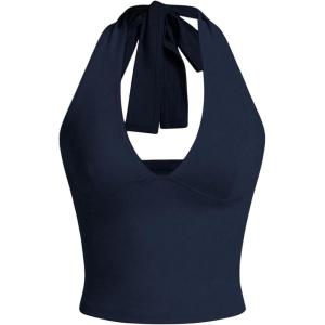 imageMilumia Womens Y2K Tie Back Halter Crop Top Backless Ribbed Cami Tank TopRoyal Blue