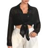 imageMilumia Women Plus Size Sheer Long Sleeve Button Down Shirt See Through Blouse TopsBlack