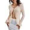 imageMilumia Womens Y2K Textured Lettuce Trim Tie Front Cardigan Long Sleeve Sheer Shrug Top Cover UpsApricot