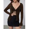 imageMilumia Womens Y2K Textured Lettuce Trim Tie Front Cardigan Long Sleeve Sheer Shrug Top Cover UpsBrown