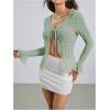imageMilumia Womens Y2K Textured Lettuce Trim Tie Front Cardigan Long Sleeve Sheer Shrug Top Cover UpsGreen