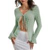 imageMilumia Womens Y2K Textured Lettuce Trim Tie Front Cardigan Long Sleeve Sheer Shrug Top Cover UpsGreen