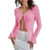 imageMilumia Womens Y2K Textured Lettuce Trim Tie Front Cardigan Long Sleeve Sheer Shrug Top Cover UpsPink