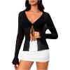 imageMilumia Womens Y2K Textured Lettuce Trim Tie Front Cardigan Long Sleeve Sheer Shrug Top Cover UpsA Black