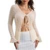 imageMilumia Womens Y2K Textured Lettuce Trim Tie Front Cardigan Long Sleeve Sheer Shrug Top Cover UpsApricot