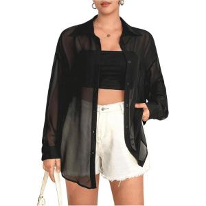 imageMilumia Women Plus Size Sheer Long Sleeve Button Down Shirt See Through Blouse TopsBlack